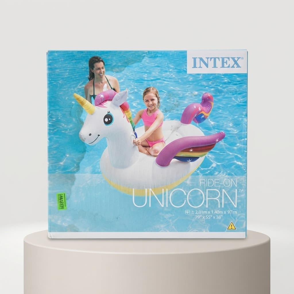 Intex Ride-On Unicorn şişme deniz yatağı kutusu — havuzda unicorn üzerinde çocuk ve anne