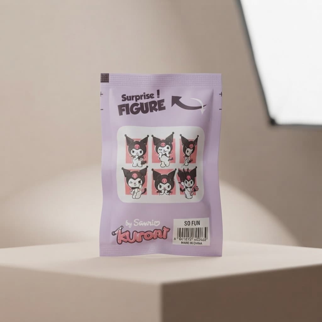 Lila Kuromi sürpriz figür paketi — 6 farklı Kuromi pozu gösterimli, Sanrio lisanslı