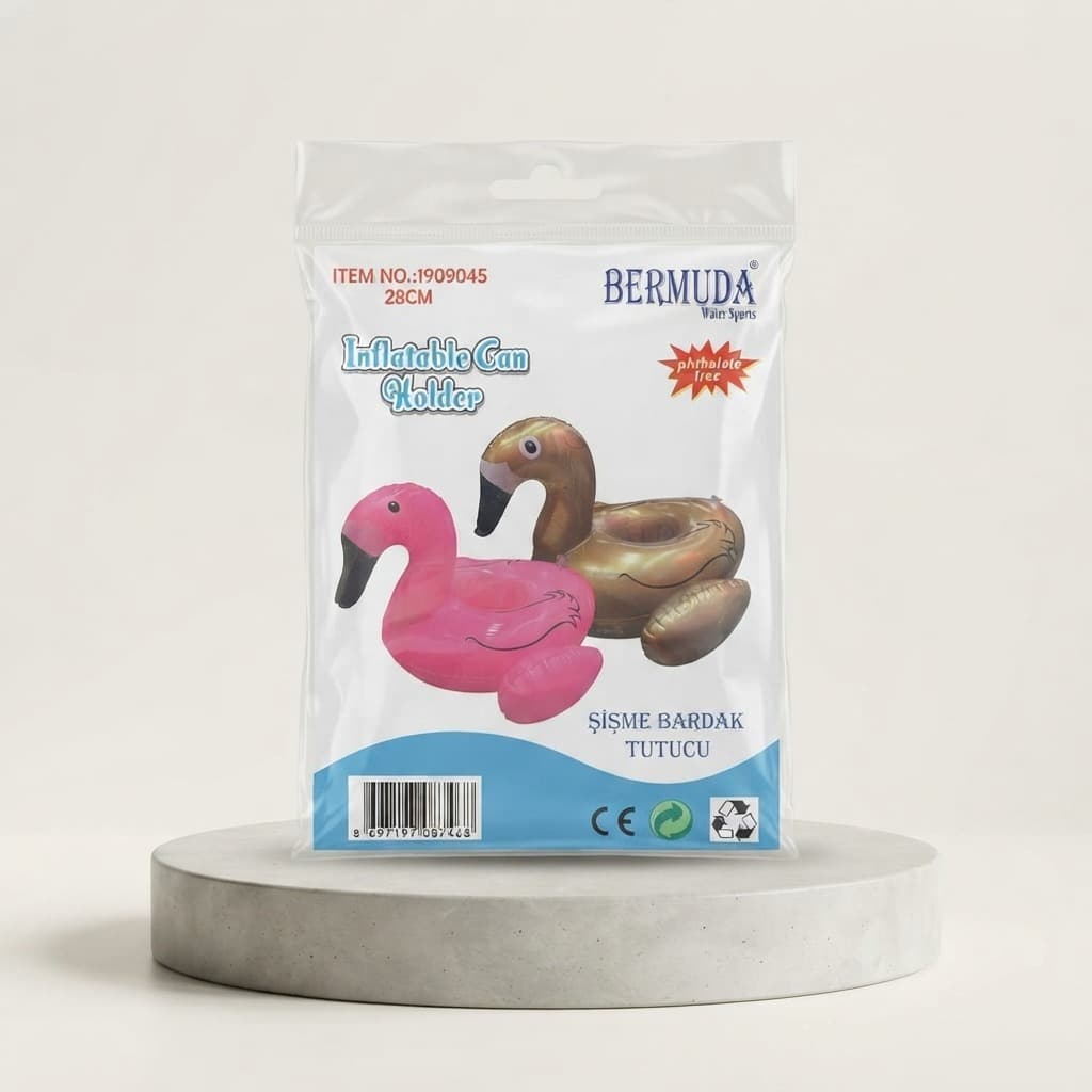 Bermuda 28 cm şişme bardak tutucu paketi — pembe flamingo ve altın kuğu modelleri